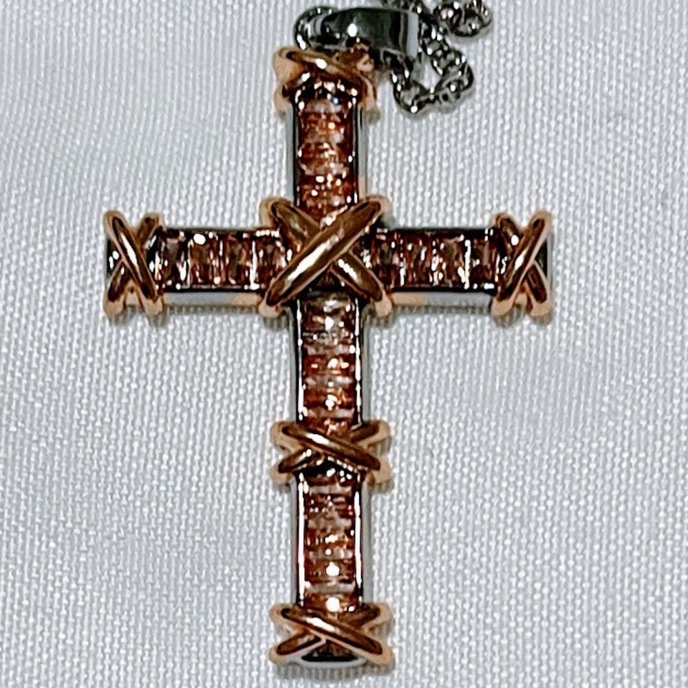 Elegant Champagne CZ -two tone Cross Pendant Necklace UNISEX